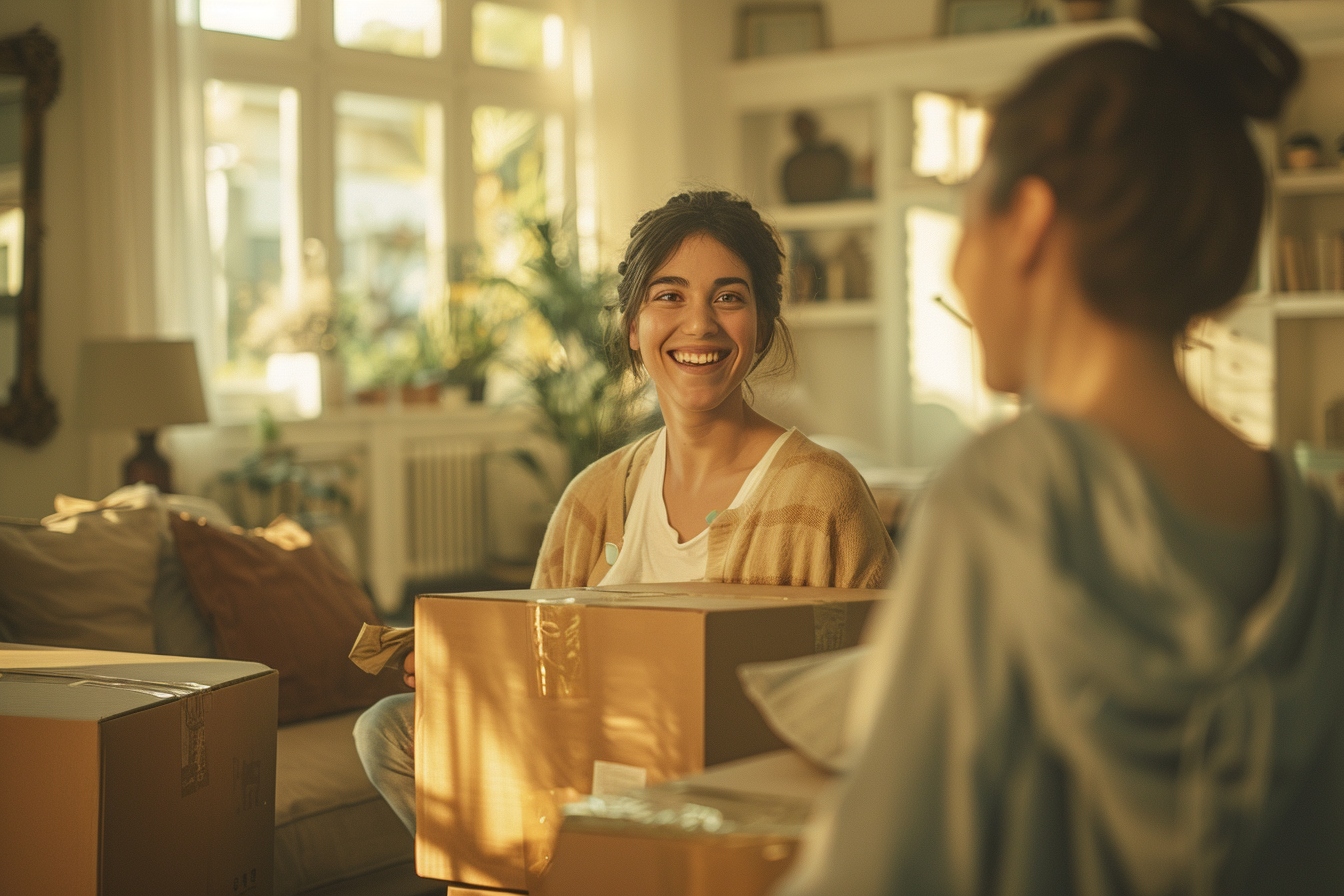 Aide ménagère souriante préparant des cartons dans un appartement de Brest pour faciliter le déménagement