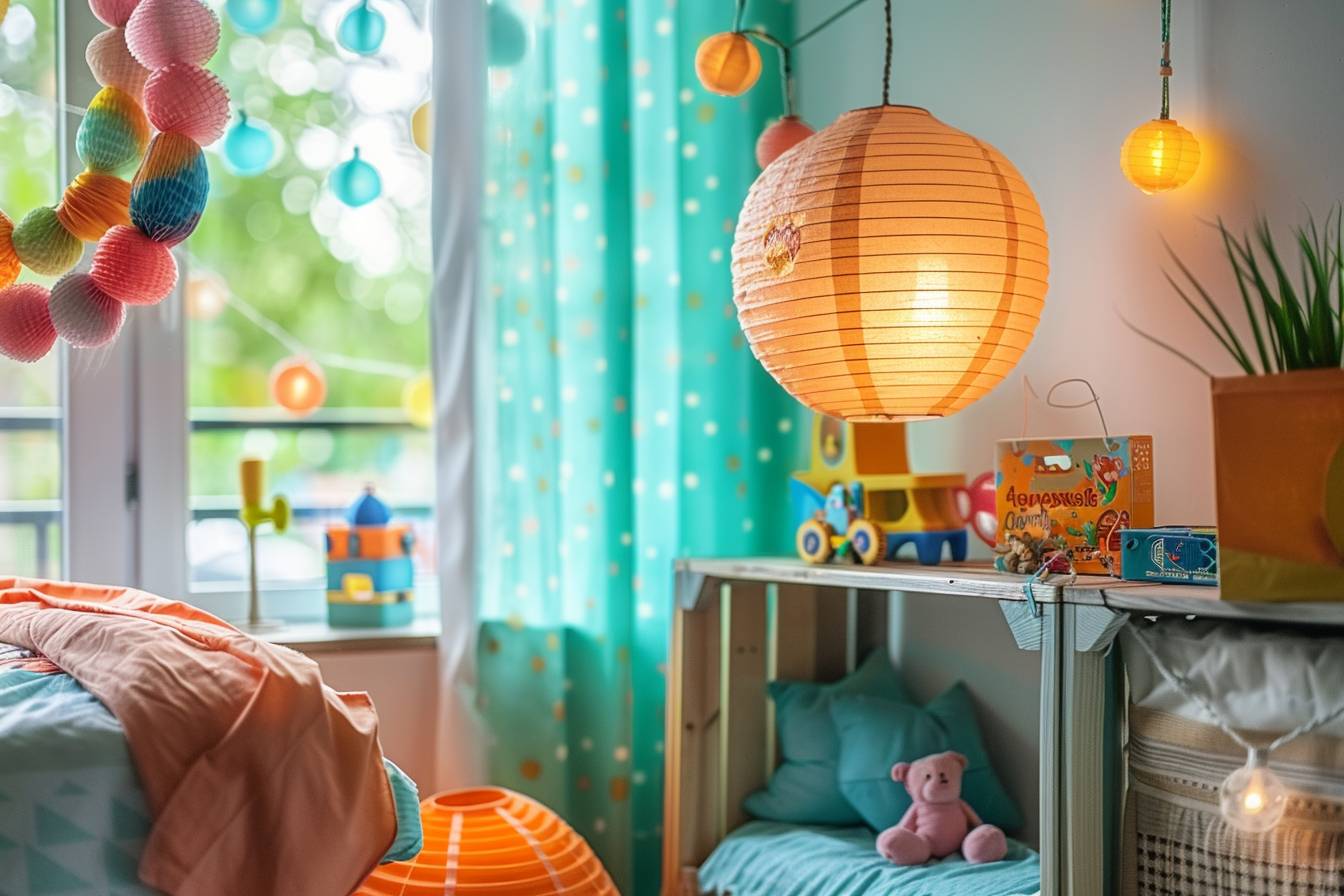 Enfant souriant dans une chambre colorée décorée avec des créations éco-amicales faites de matériaux recyclés